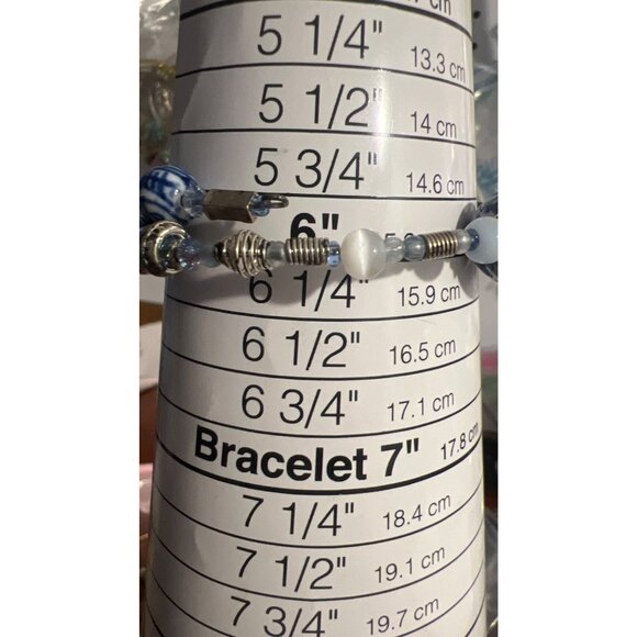 Blue White Beaded Stretch Bracelet Memory Wire Artisanal Ceramic Glass Beads - Picture 5 of 5